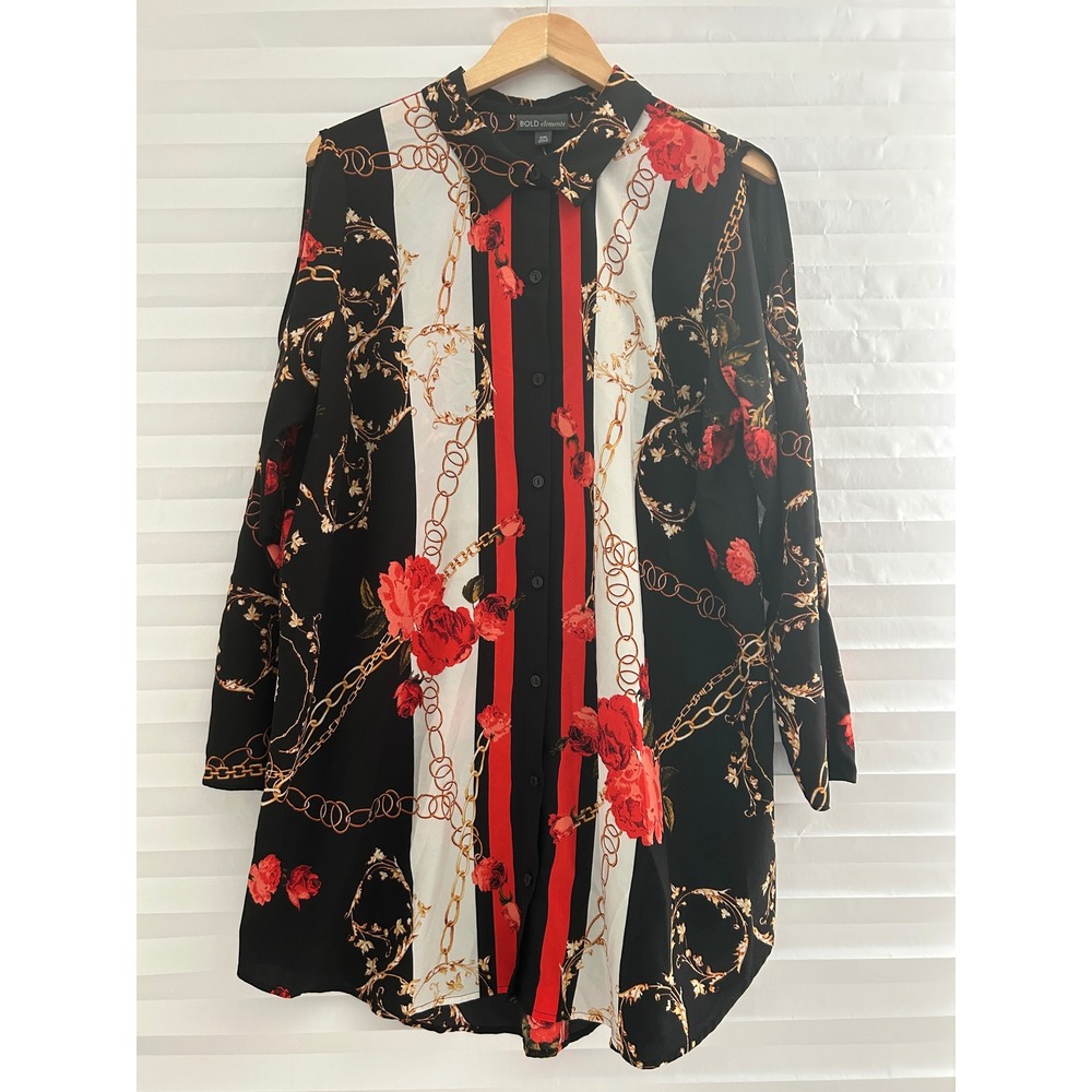 Bold Elements Womens XXL Floral Chain Button Front Cold Shoulder Tunic Top Retro